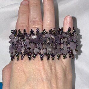 7 1/8" Natural Amethyst Gemstone chip beads stretchy Net Bracelet